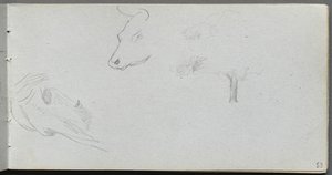 Schetsboek, pagina 53: Dierstudies en Boomstudie door Jean Louis Ernest Meissonier