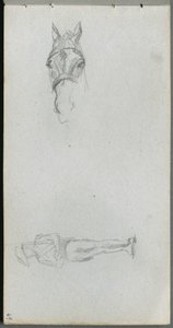 Schetsboek, pagina 69: Studie van een hand, een paard en een figuur door Ernest Meissonier