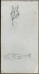Schetsboek, pagina 69: Studie van een hand, een paard en een figuur door Jean Louis Ernest Meissonier