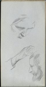 Schetsboek, pagina 70: Studie van twee gezichten en een hand