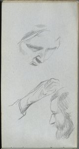 Schetsboek, pagina 70: Studie van twee gezichten en een hand