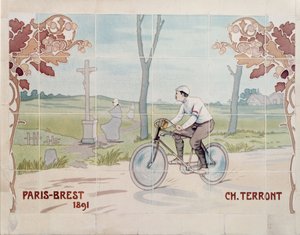 Charles Terront in de eerste langeafstandswedstrijd in 1891, tussen Parijs en Brest door Ernest Montaut