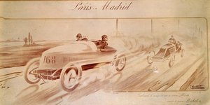 Autoracen: "Parijs Madrid": Gabriel winnaar op Mors uitgerust met Michelin banden. Illustratie 1903 door Ernest Montaut