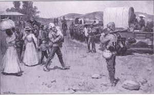 Britse soldaten helpen Boerenvluchtelingen, illustratie uit Na Pretoria: De Guerrillaoorlog, 1902