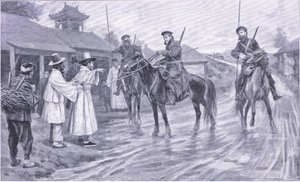 Kozakkenverkenners verzamelen informatie van een Koreaanse gevangene, illustratie uit Cassells History of the Russo-Japanese War Vol 1, ca. 1900 door Ernest Prater
