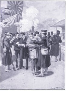 Troepen verlaten Tokio, illustratie uit Cassells History of the Russo-Japanese War Vol 1, ca. 1900