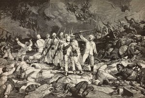 Slag bij Dogali, laatste overlevenden brengen eerbetoon aan gevallenen, Eritrese Oorlog, gravure door Ernesto Mancastroppa en Cantagalli naar tekening en compositie van Ludovico Pogliaghi, uit L