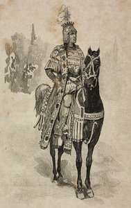Hertog van Aosta Emanuele Filiberto van Savoye in kostuum van Umberto Biancamano bij Villa Borghese toernooi ter gelegenheid van zilveren huwelijk van Umberto I en Margherita van Savoye, Rome, Italië door Ernesto Mancastroppa