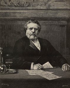 Giosue Carducci, Italiaanse dichter en schrijver, Nobelprijswinnaar in 1906, gravure door Ernesto Mancastroppa naar schilderij van Vittorio Corcos, uit L