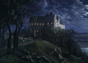 Kasteel Scharfenberg bij nacht door Ernst Ferdinand Oehme