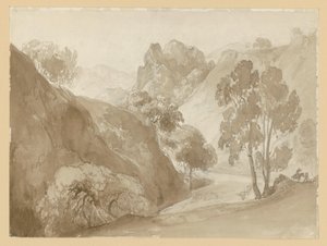 Rivierdal en berglandschap, met figuren op het pad door Ernst Fries