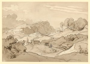 Italiaans landschap met rotsachtige heuvels en bomen, een hut en staffagefiguren langs de weg door Ernst Fries
