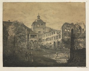 Zes uitzichten van het kasteel van Heidelberg: Kasteelterras, 1820 door Ernst Fries