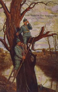 Goed nieuws voor het hoofdkwartier, Duitse soldaten observeren het slagveld en rapporteren aan het hoofdkwartier via een veldtelefoon, Eerste Wereldoorlog, 1915