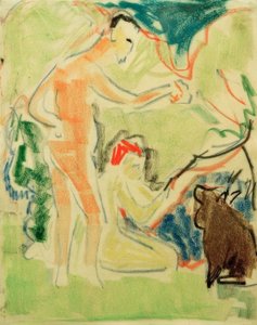 Badende met hond in Moritzburg door Ernst Ludwig Kirchner
