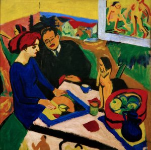 Doris en Heckel aan tafel door Ernst Ludwig Kirchner