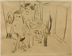 Zonder Titel (Dodo en Fränzi in het Atelier) door Ernst Ludwig Kirchner