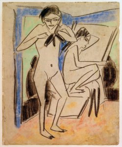 Zonder Titel (Fränzi en Marcella in het atelier) door Ernst Ludwig Kirchner