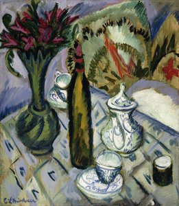 Theepot, fles en rode bloemen; Teekanne, Flasche und Rote Blumen, 1912 door Ernst Ludwig Kirchner