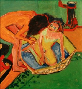 Twee naakten met badkuip en oven door Ernst Ludwig Kirchner