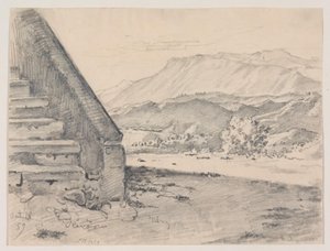 Prospect met een trap links en rechts uitzicht over een berglandschap