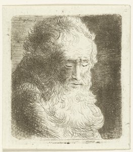 Oude man met baard met de blik naar beneden gericht: driekwart, naar rechts