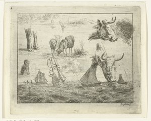 Studieblad met een zeegezicht, twee koeienkoppen, schapen, een hond en twee poten door Ernst Willem Jan Bagelaar