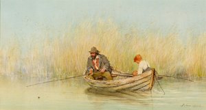 Studie van een Man en een Jongen die Vissen vanuit een Boot door Erskine Nicol
