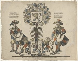 Boom met twee wapenschilden, aan elke zijde een tamboer door Erven Weduwe Gijsbert de Groot