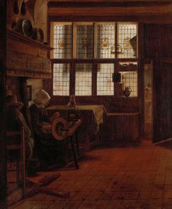 Interieur met Vrouw bij het Spinnewiel door Esaias Boursse
