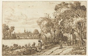 Landschap met weg tussen velden en bos