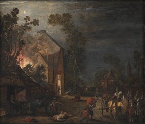 Een dorp geplunderd in de nacht door Esaias van de Velde