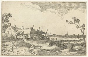 Boerderij aan een pad en vergezicht over velden door Esaias van de Velde