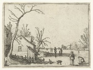 Boerderij bij bevroren rivier en schaatsers op het ijs door Esaias van de Velde