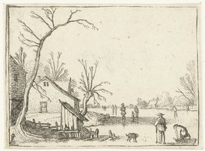 Boerderij bij bevroren rivier en schaatsers op het ijs door Esaias van de Velde