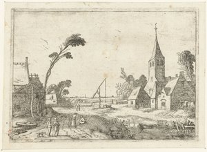 Dorpsgezicht met boerderijen, kerk en waterput door Esaias van de Velde