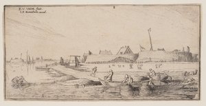 Vissers in roeiboten voor een ommuurde stad, uit Landschappen door Esaias van de Velde