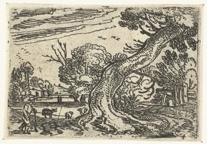 Herder bij een schuin overhangende boom door Esaias van de Velde
