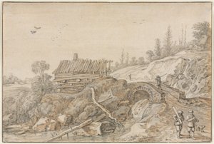 Heuvelachtig landschap met hut naast een stroom