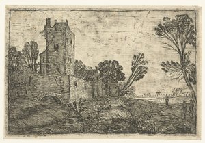 Hoge vierkante toren achter een muur gelegen aan een gracht door Esaias van de Velde