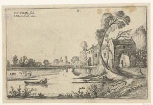 Landschap met een rivier en poortgebouw