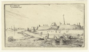 Roeiboten met vissers voor een fort aan de Schelde door Esaias van de Velde