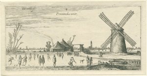 Schaatsers op het ijs bij een molen in de buurt van Penningsveer door Esaias van de Velde