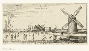 Schaatsers op het ijs bij een molen in de buurt van Penningsveer door Esaias van de Velde