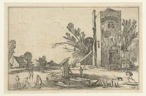 Vierkante toren bij een bevroren rivier met kolfspelers door Esaias van de Velde