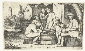 Zes boeren zittend rond een ton bij een herberg door Esaias van de Velde