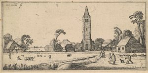 Landschap met een weide en een dorpskerk