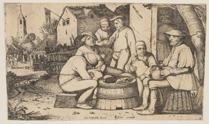 Zes boeren gebruiken een ton als tafel door Esaias van den Velde I