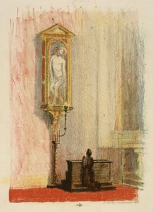 Figuur in gebed voor Christusbeeld