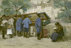Franse soldaten en Bouquinistes langs de Seine, 1917